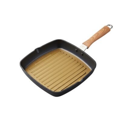 Versatile Grill Pan Enamel Coated Carbon Steel Wooden Handle